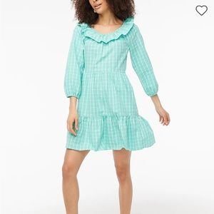 NWT J. Crew Seersucker Ruffleneck Mini Dress Aqua Blue Green Womens 14